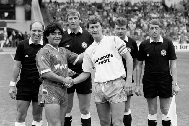 Maradona (left) captained a Rest of the World side against a Football League side captained by Brian Robson (right) in the Centenary Classic at Wembley