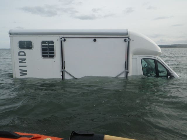 The horsebox partially submerged on Holy Island causeway
