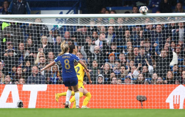 Chelsea’s Melanie Leupolz hits the crossbar against Barcelona