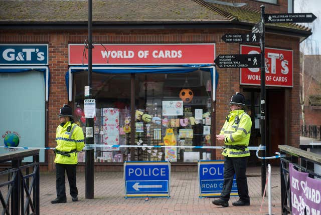 Police officers at a cordon near the Maltings in Salisbury (David Mirzoeff/PA)