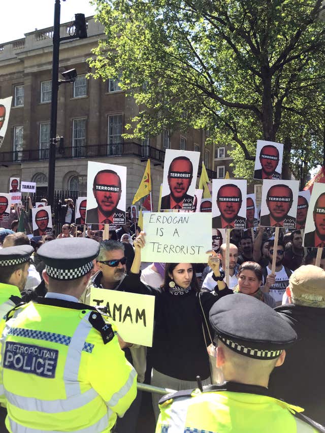 Protests in Whitehall against Turkish president Recep Tayyip Erdogan's visit (David Hughes/PA)