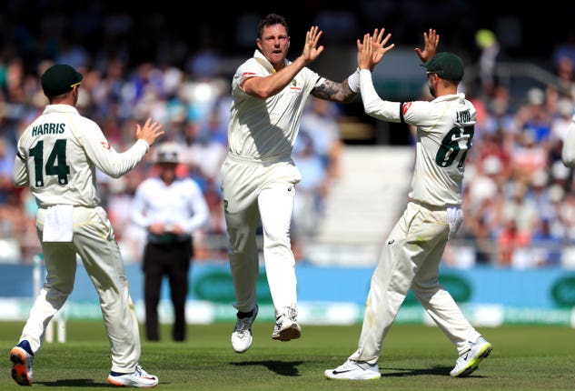 Australia’s James Pattinson celebrates taking Joe Denly's wicket