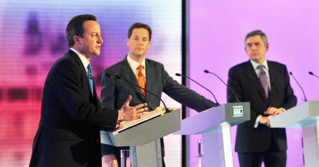 David Cameron (l to r) Nick Clegg and Gordon Brown during a 2010 debate