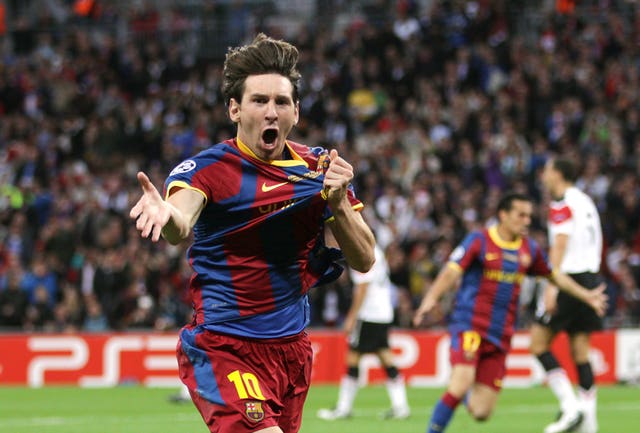 Barcelona's Lionel Messi celebrates scoring against Manchester United at Wembley 