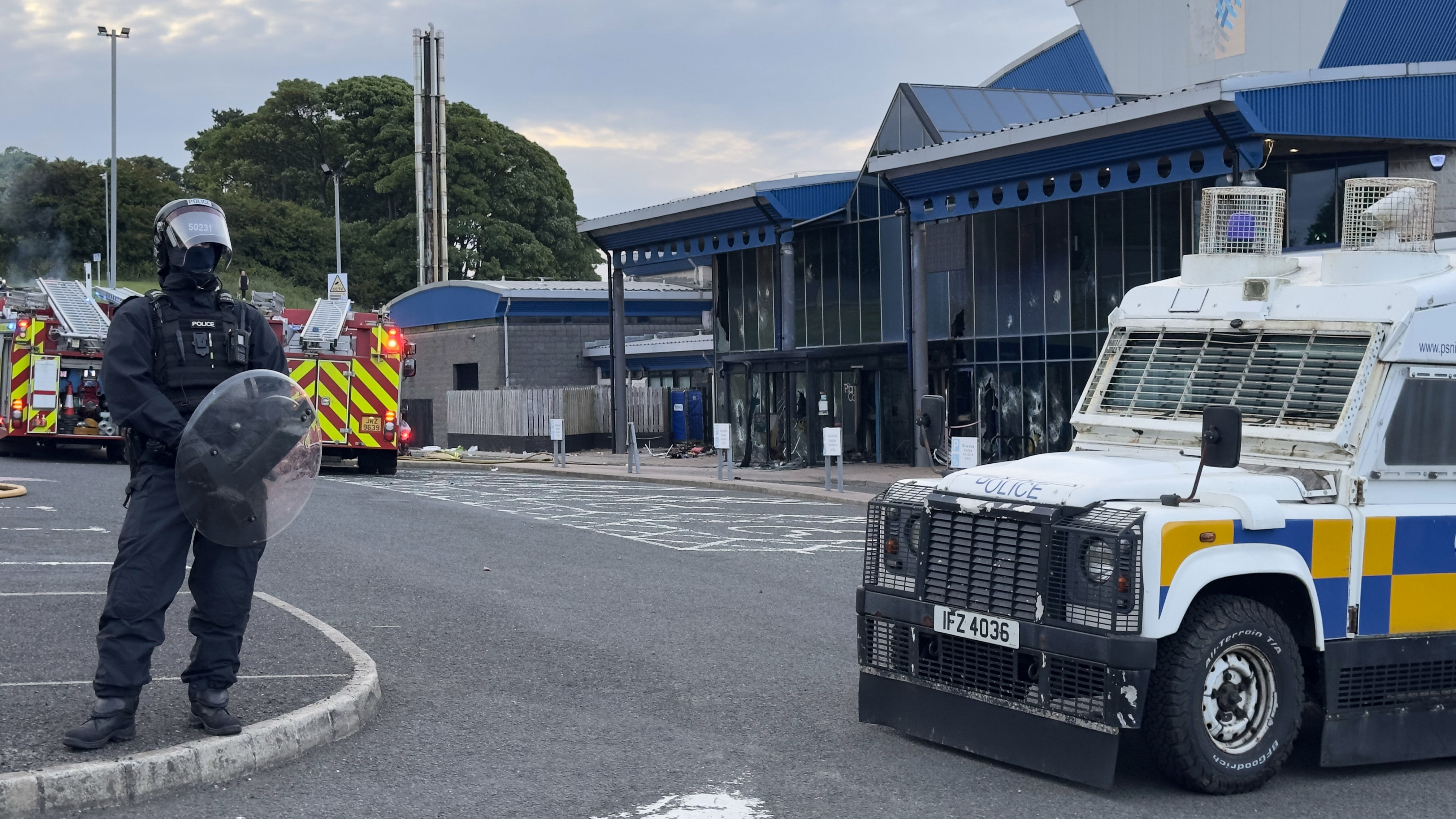 A police officer at the scene after an attack on Larne Leisure Centre