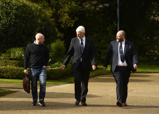 Portadown Orange Order district master Nigel Dawson (centre), legal adviser to the Orange Order and spokesperson Jamie Bryson (left), and deputy district master of Portadown Orange Order Alastair Power at Hillsborough Castle