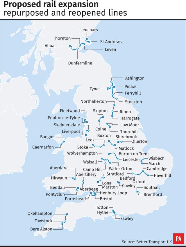 Proposed rail expansion, reopened and repurposed lines