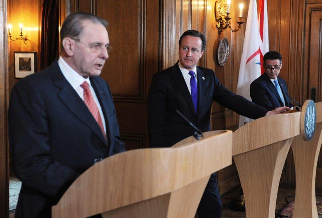 Jacques Rogge alongside David Cameron and Lord Coe ahead of London 2012