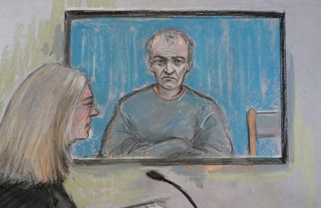 Court artist sketch of Barry Bennell appearing via video link at South Cheshire Magistrates' Court (Elizabeth Cook/PA)