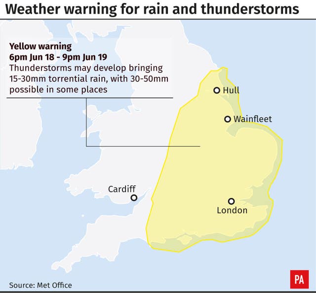 Weather warning for rain and thunderstorms