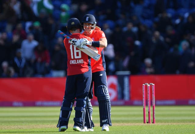 Joe Denly, right, with captain Eoin Morgan after a T20 win over Pakistan