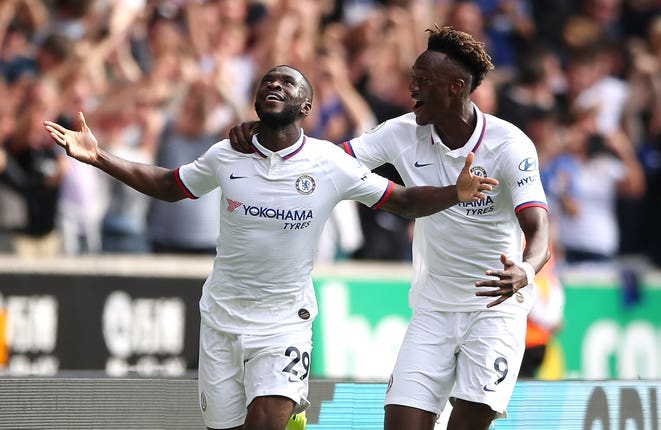 Fikayo Tomori, left, and Tammy Abraham celebrate Tomori's goal against Wolves
