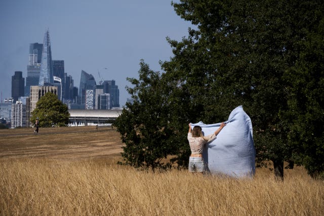 People in Brockwell Park, south London with a view of the Shard and the city in the background