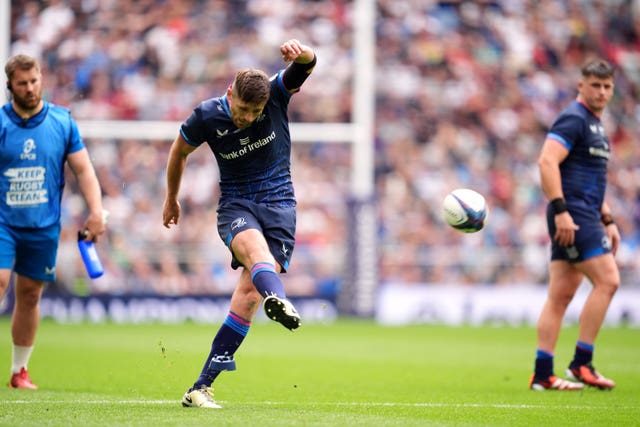Leinster's Ross Byrne kicks a penalty in the Champions Cup final