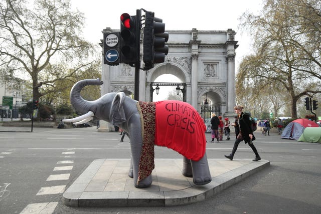 Demonstrators during an Extinction Rebellion protest Marble Arch, London