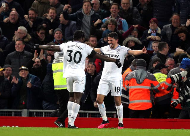 Pablo Fornals, right, had silenced Anfield early in the second half 