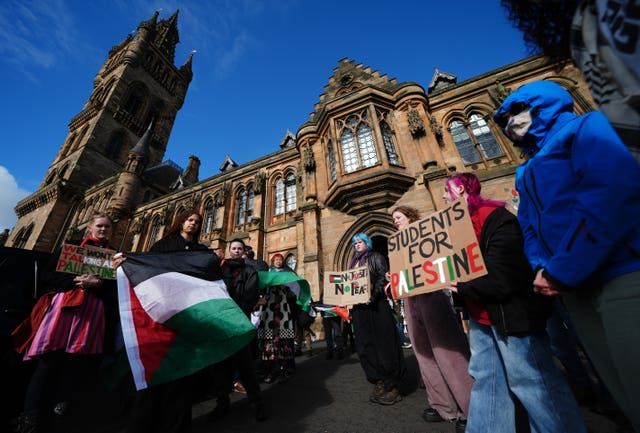 People take part in a pro-Palestine protest at the University of Glasgow on the third anniversary of Hamas’s October 7 attacks