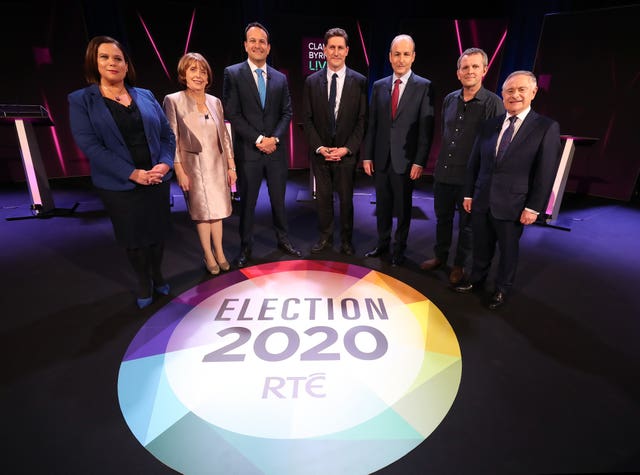 Party leaders take to the stage for the seven-way RTE leaders' debate at the National University of Ireland Galway campus