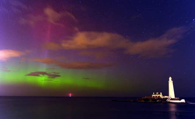 The northern lights over St Mary’s Lighthouse and Visitor Centre, Whitley Bay, North Tyneside