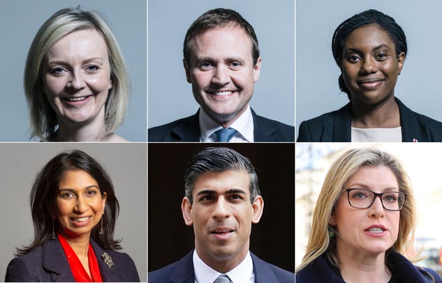 The six candidates in the Conservative Party leadership race before the second ballot (top row left to right), Liz Truss, Tom Tugendhat, Kemi Badenoch, Suella Braverman, Rishi Sunak and Penny Mordaunt (UK Parliament/PA))