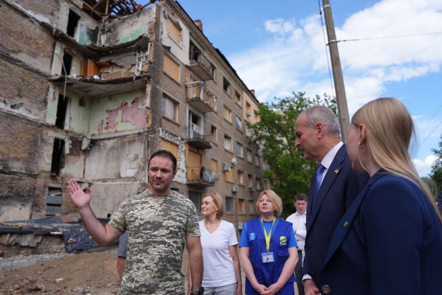 Micheál Martin is shown the bomb-damaged Lukianivska district of Kyiv