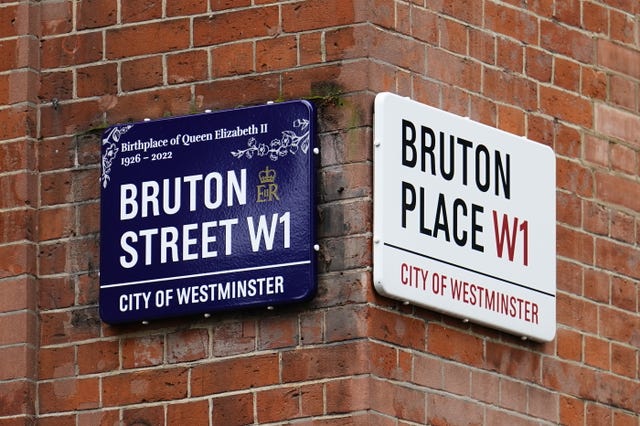One of the street signs in place on Bruton Street at the junction with Bruton Place