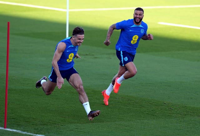 Kyle Walker, right, during a training session at the Al Wakrah Sports Club Stadium in Al Wakrah