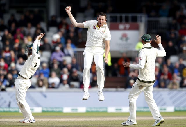 Josh Hazlewood celebrates the big wicket