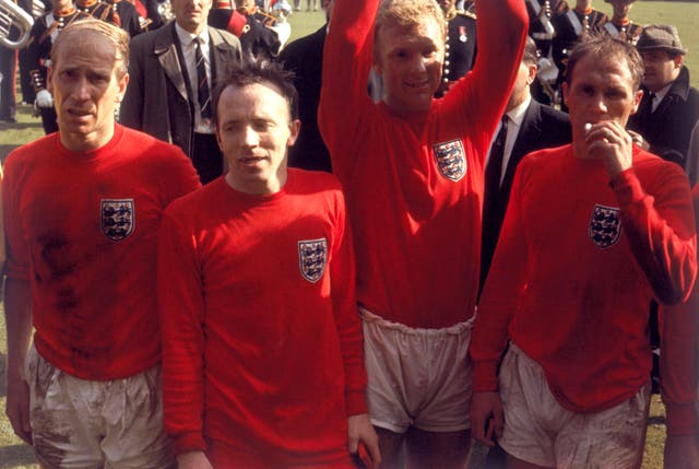Bobby Charlton, Nobby Stiles, Bobby Moore and Ray Wilson with the coveted trophy in 1966 