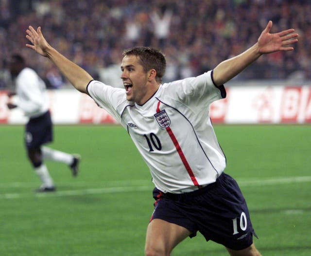 Michael Owen celebrates the second of his three goals against Germany in Munich in 2001