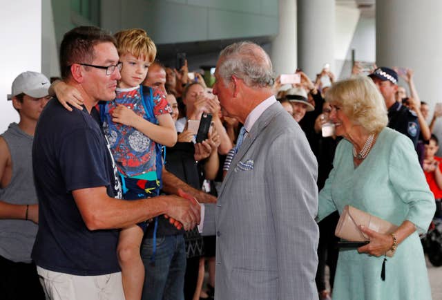 The Prince of Wales and Duchess of Cornwall arrive at Lady Cilento Children’s Hospital (Phil Noble/PA)