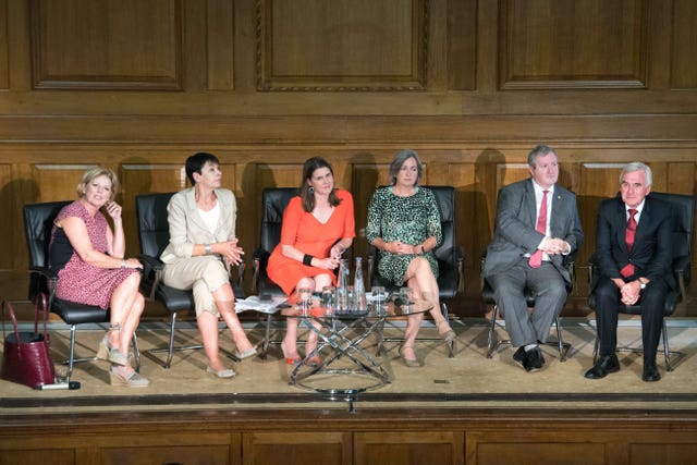 From left, Anna Soubry, Caroline Lucas, Jo Swinson, Liz Saville Roberts, Ian Blackford and John McDonnell during a meeting of a cross-party group of MPs at Church House, Westminster