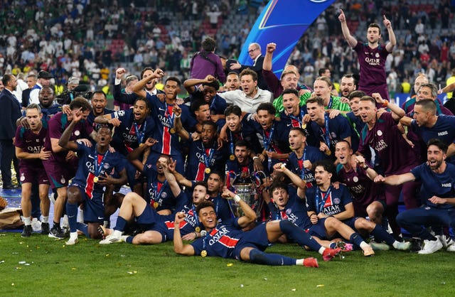Paris St Germain celebrate winning the Champions League in May