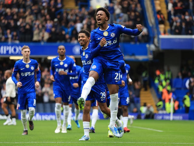 Jorrel Hato celebrates his opener for Chelsea