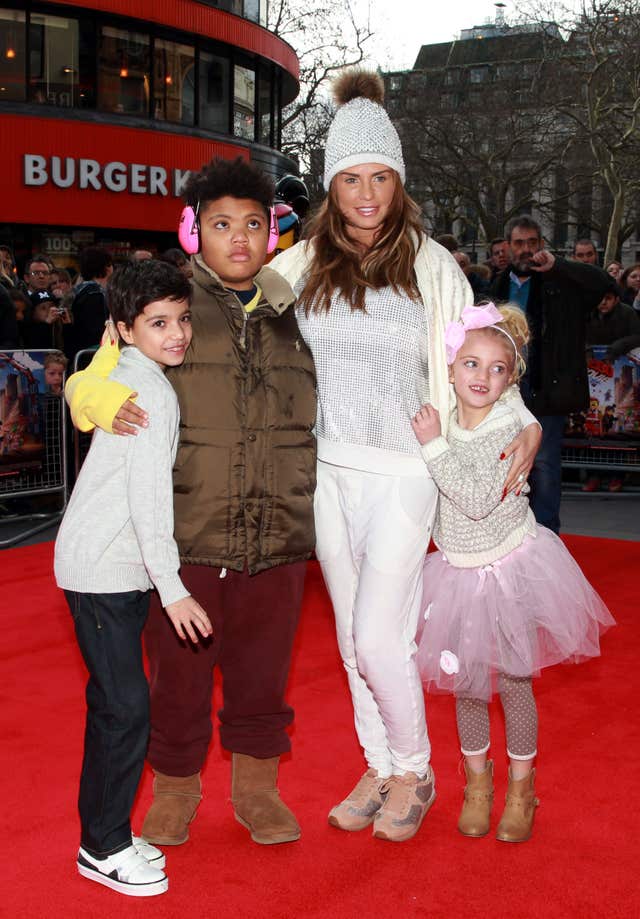 Katie Price with her children Junior (left), Harvey and Princess arriving at a celebrity screening of The Lego Movie at the Vue West End, Leicester Square, London. (Sean Dempsey/PA)