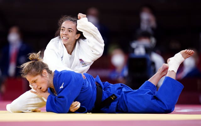 Great Britain judoka Chelsie Giles celebrates victory over Switzerland’s Fabienne Kocher in her bronze medal match
