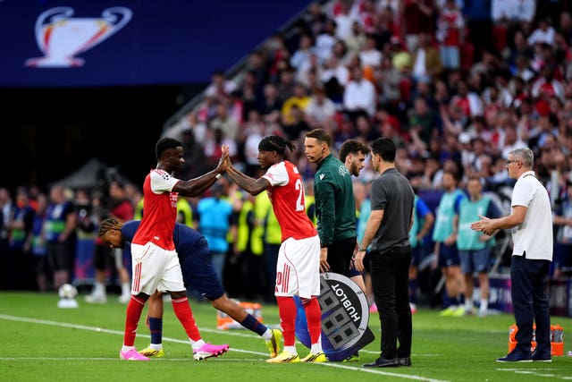 Arsenal’s Bukayo Saka is substituted for teammate Noni Madueke during the UEFA Champions League Final