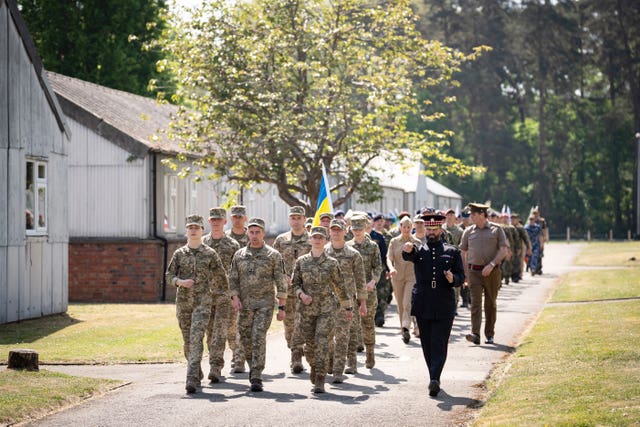 Members of the Ukrainian armed forces taking part in a procession rehearsal