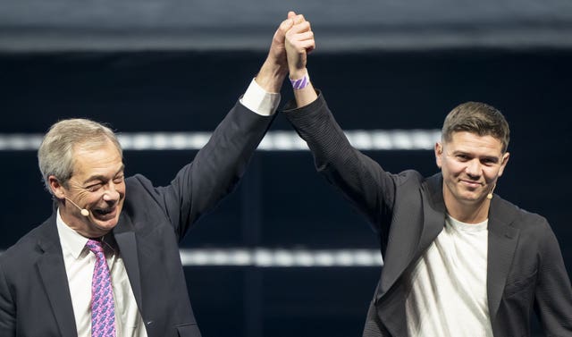 Nigel Farage, left, and Luke Campbell at Reform UK's Hull conference