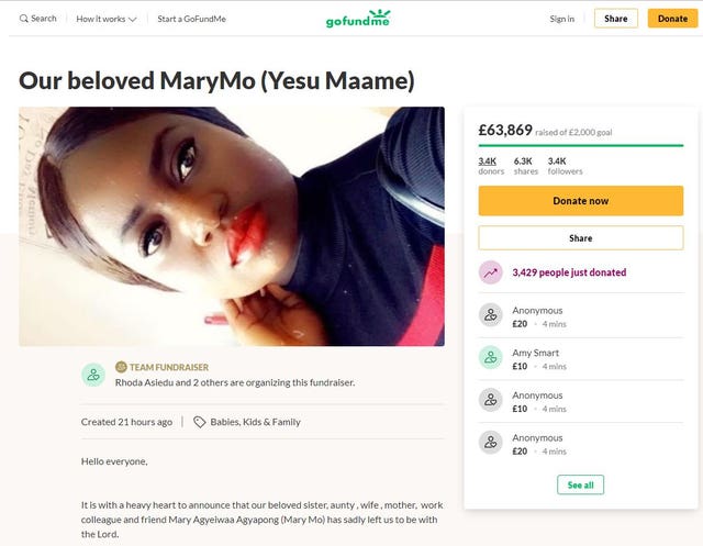 A GoFundMe page set up for the husband and daughter of Mary Agyeiwaa Agyapong