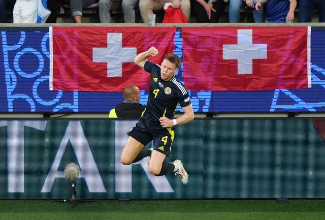 Scott McTominay jumps for joy as he celebrates scoring Scotland''s opening goal