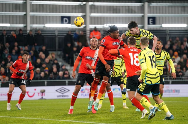 Declan Rice, second right, scores Arsenal''s winner