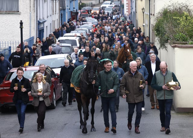 Galopin Des Champs on parade in the village of Leighlinbridge