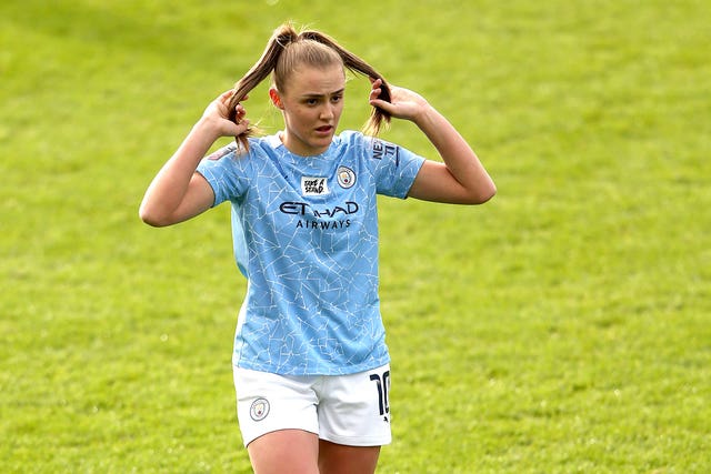 Manchester City's Georgia Stanway plays with her hair during the Women's Super League game win over West Ham