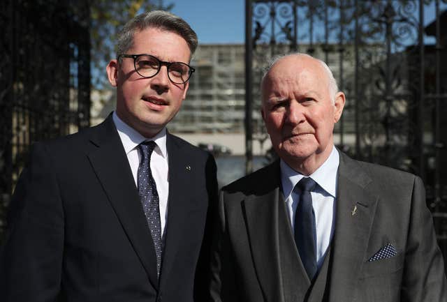 Sinn Fein senator Niall O Donnghaile (left) with Liam Shannon, one of the so-called Hooded Men (Brian Lawless/PA)