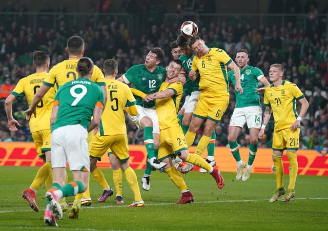 Dara O''Shea and Benas Satkus battle for the ball