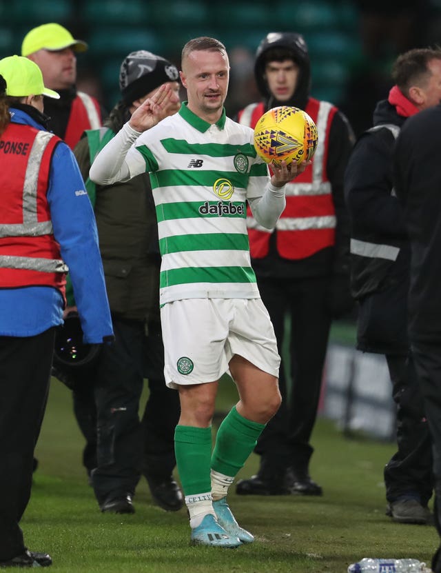 Celtic's Leigh Griffiths with match ball after scoring a hat-trick against St Mirren 