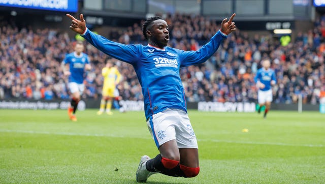 Fashion Sakala celebrates after scoring Rangers' second goal