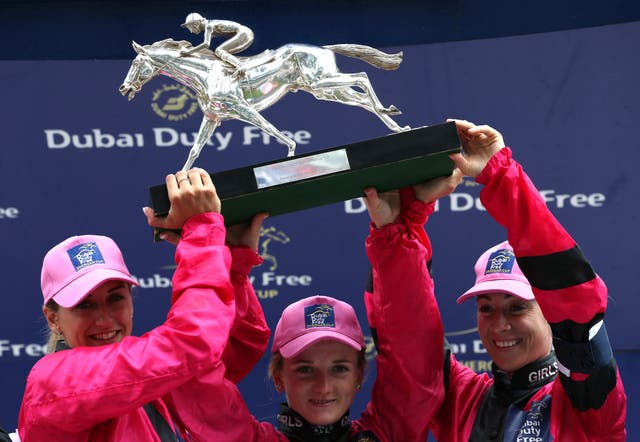 Josephine Gordon (left), Hollie Doyle (centre) and Hayley Turner (right) were part of the winning Girls team at the Shergar Cup last year