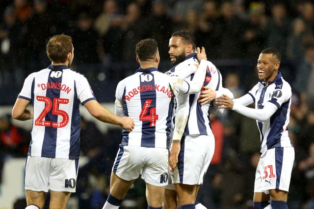 West Brom's Kyle Bartley, centre, celebrates his goal 